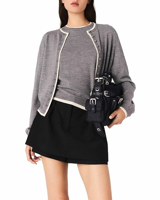 Maje Gray Wool Cardigan With Rhinestones