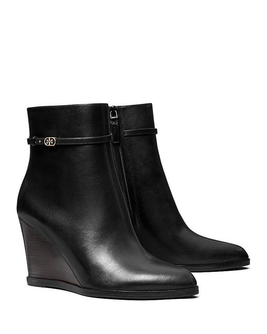 Tory Burch Black Double T Buckle Wedge Booties