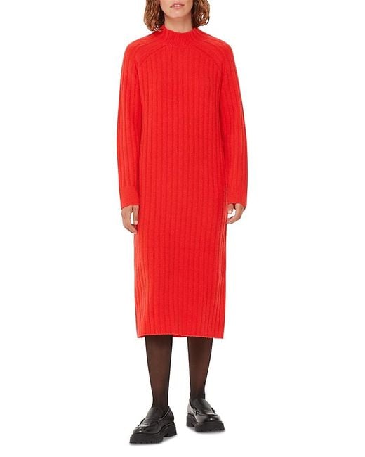 Whistles Red Ribbed Knit Midi Sweater Dress