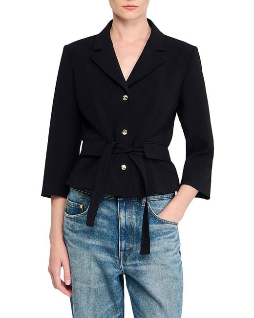 Sandro Black Cropped Tailored Belted Waist Jacket