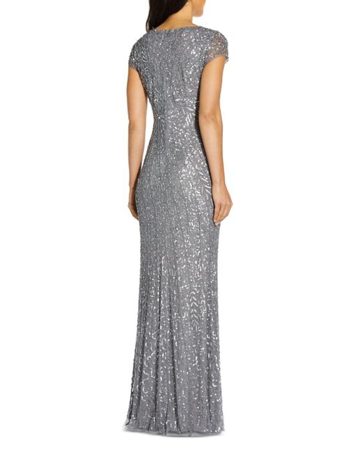 Adrianna Papell Beaded V - Neck Mermaid Gown in Gray | Lyst