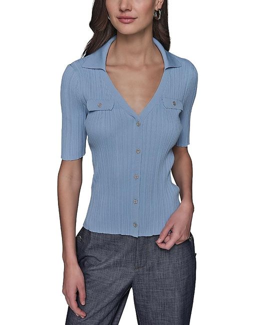 Karl Lagerfeld Blue Collared Rib Sweater Top