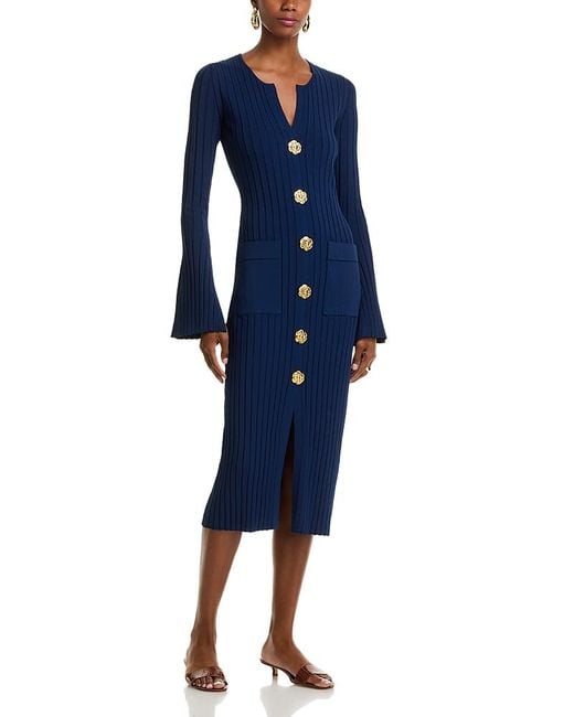 Cara Cara Blue Aron Dress V Neck Button Front Slim Long Sleeve Midi Stretch Bodycon Dress