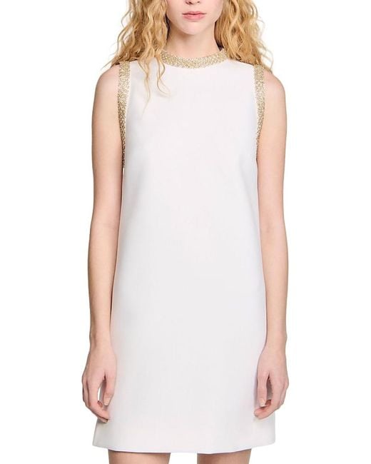 Sandro White Short Dress With Rhinestone Trim