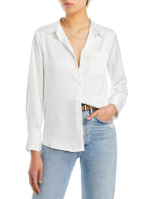 Aqua White Satin Button Front Blouse