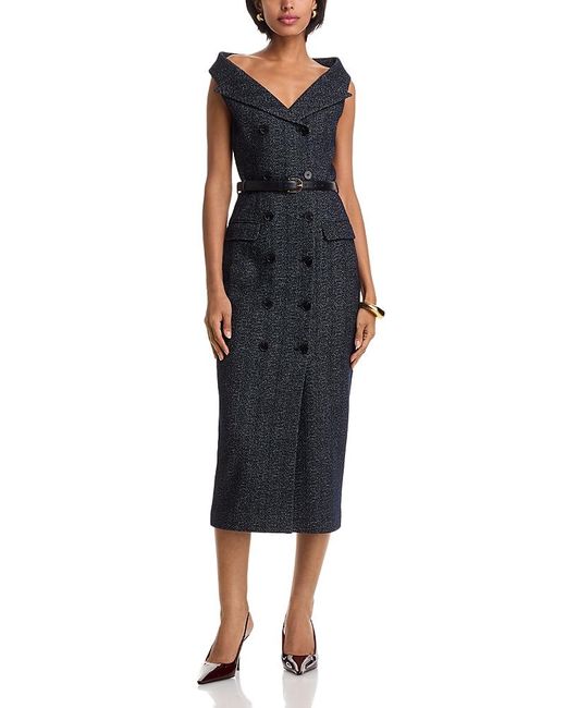 Self-Portrait Black Herringbone Wool Midi Dress