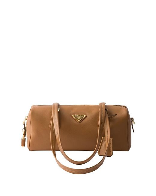 Prada Brown Medium Leather Top-Handle Bag With Padlock