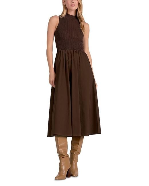 elan mixed media midi dress Crafted for comfort, this Elan Mix Media Midi Dress features a flattering mock neck and a sleeveless design, making it ideal for any occasion. This dress effortlessly combines comfort and style,