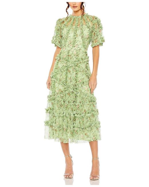 Mac Duggal Green Floral Flutter Sleeve Mesh Print Dress