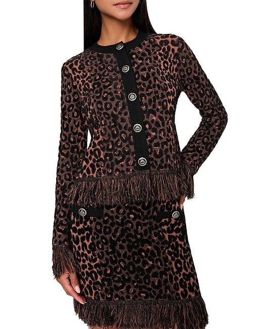 MILLY Black Leopard Print Fringe Cardigan