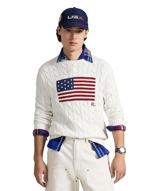 Polo Ralph Lauren White Cable Knit Flag Sweater for men