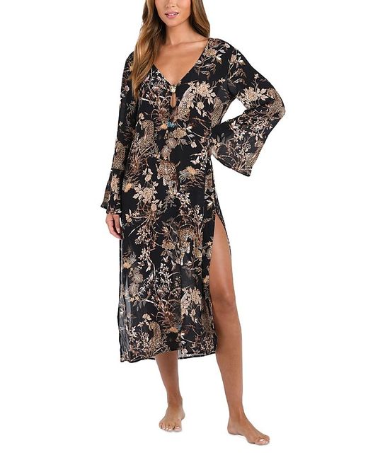 L'Agence Women's Black Sara Jungle Sheer Chiffon Swim Cover-Up Dress