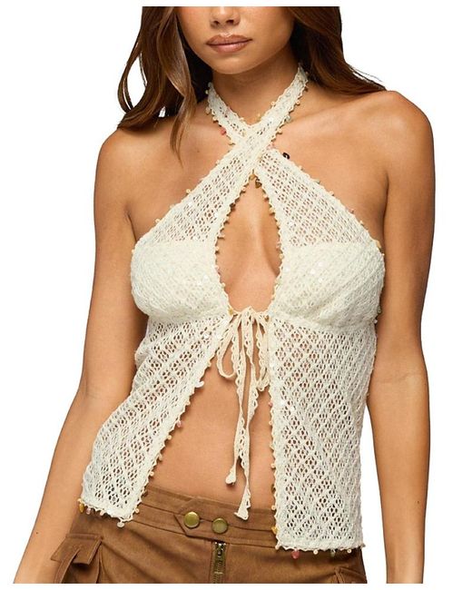 Edikted Natural Sheer Net Sequin Split Front Top