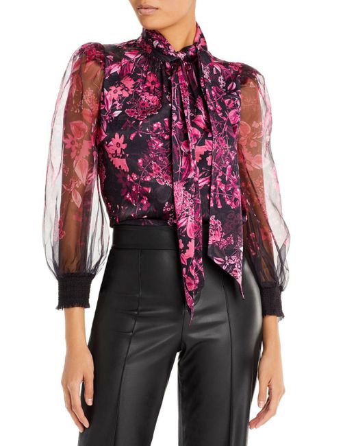 Alice + Olivia Synthetic Brentley Tie Neck Floral Print Blouse in Red ...