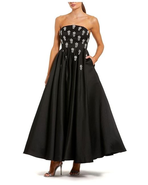 Mac Duggal Black Crystal Embellished Strapless Satin A-Line Dress