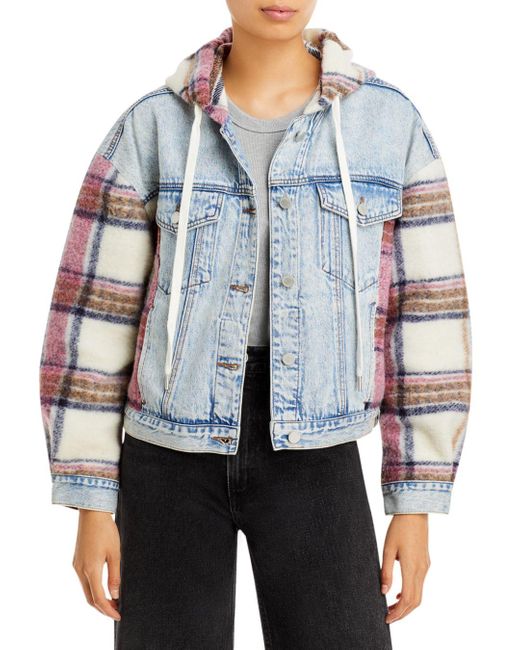 Blank nyc denim plaid fleece hooded jacket in blue lyst