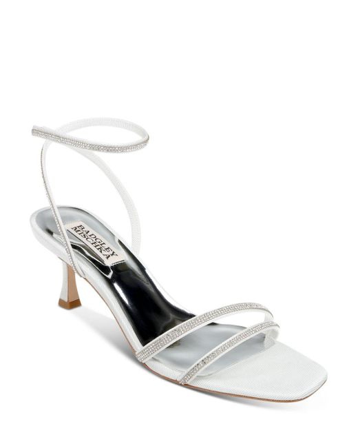 Badgley Mischka Satin Ultra Rhinestone Kitten Heel Sandals in White | Lyst
