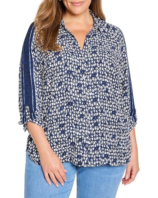 NIC+ZOE Women's Blue Etched Angles Roll Tab Sleeve Shirt