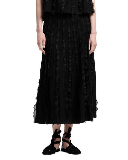 Emporio Armani Black Midi A Line Skirt With Vertical Ruffle Detail