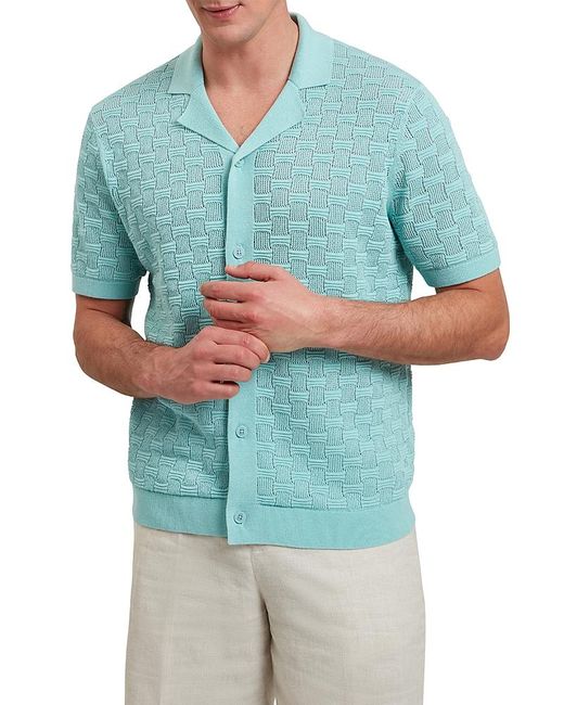 Ted Baker Blue Ridges Short Sleeve Textured Silk And Cotton Regular Fit Button Down Shirt for men