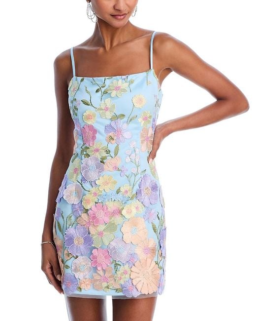 Aqua Embroidered Mini Dress in Blue | Lyst