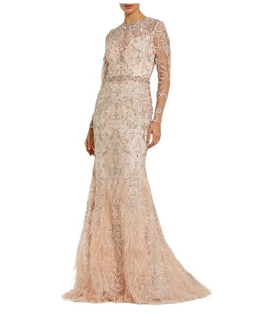 Mac Duggal Natural Embroidered Illusion Long Sleeve Trumpet Gown
