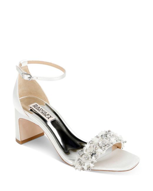 Badgley Mischka Satin Teela Embellished Block Heel Sandals in White | Lyst