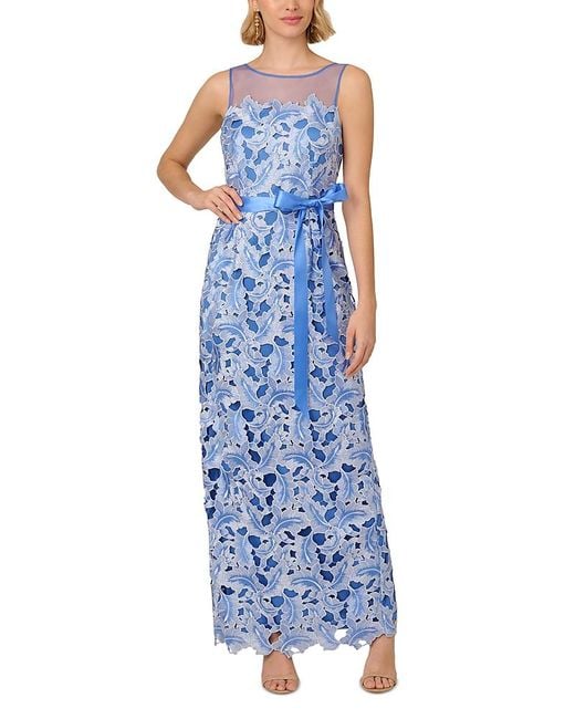 Adrianna Papell Blue Illusion Neck Tonal Lace Dress