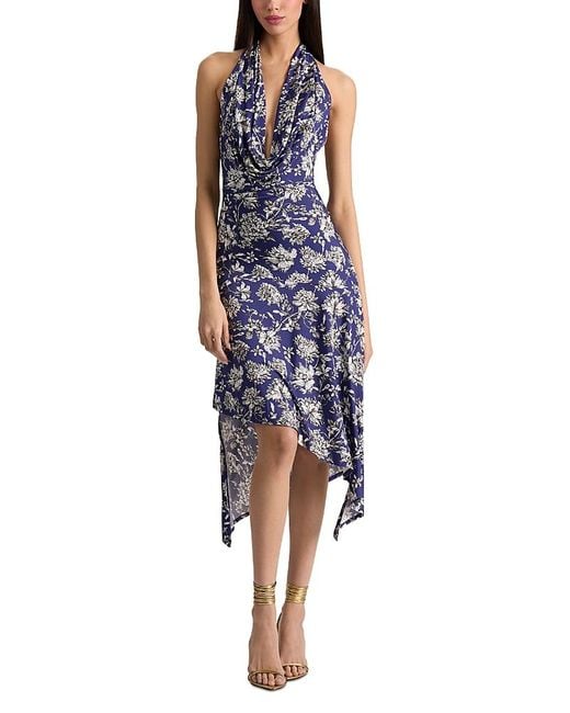Alice + Olivia Blue Dani Draped Cowl Neck Asymmetric Dress