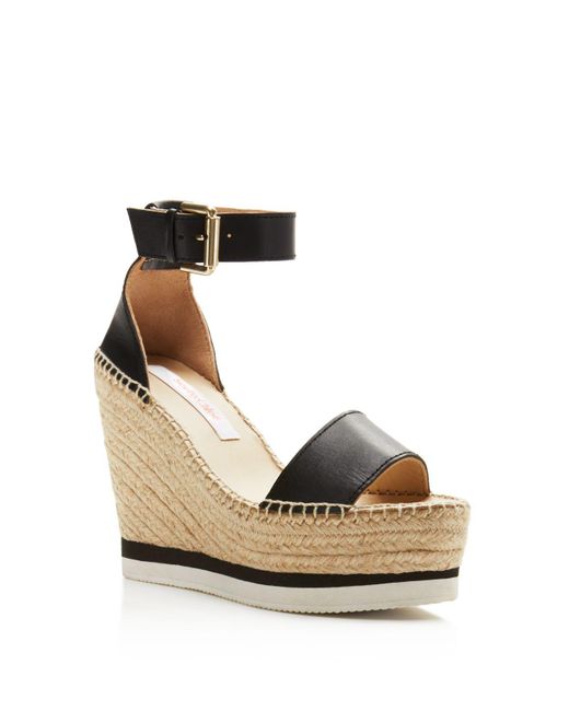 See by chloé Glyn Leather Espadrille Platform Wedge Ankle Strap Sandals in Black | Lyst