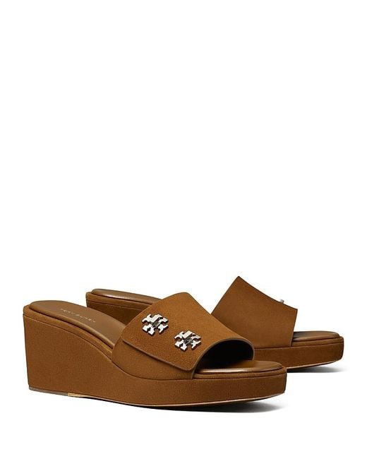 Tory Burch Brown T Lock Suede Wedge Sandals