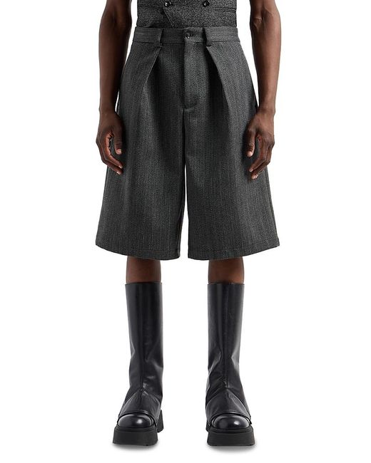 Emporio Armani Black Wool Heavy Mouline Chevron Jacquard Oversized Fit Pleated Bermuda Shorts for men