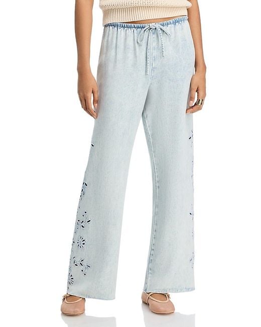 Bella Dahl Blue Linen Side Embroidered Beach Pants