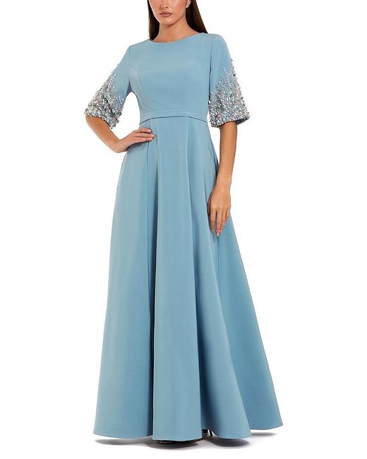 Mac Duggal Blue 3/4 Sleeve Crepe Gown With Sleeve Embellishments