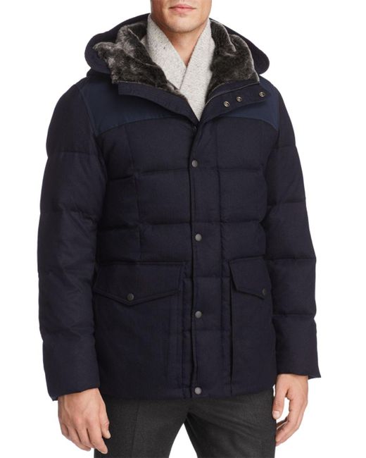 Cole Haan Flannel Down Hooded Jacket in Navy (Blue) for Men | Lyst
