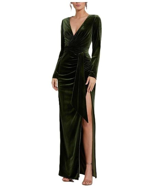 Mac Duggal Long Sleeve Deep V Draped Velvet Gown in Black | Lyst