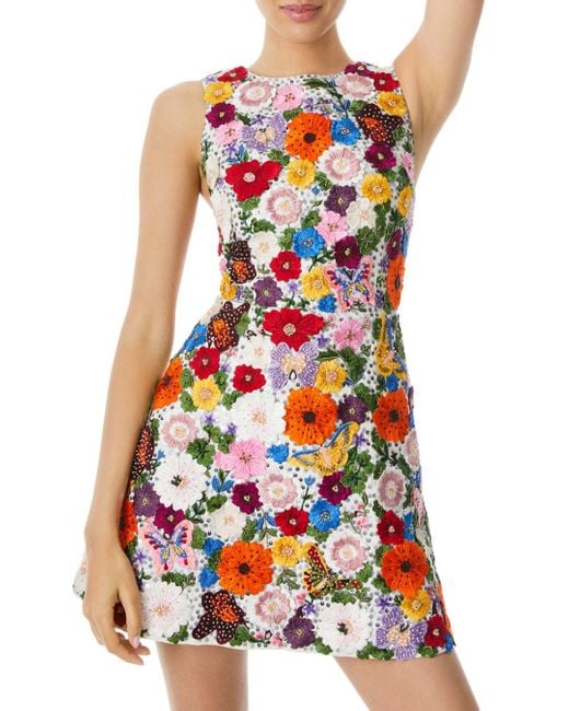 Alice + Olivia Lindsey Floral - Embellished Cotton Mini Dress | Lyst