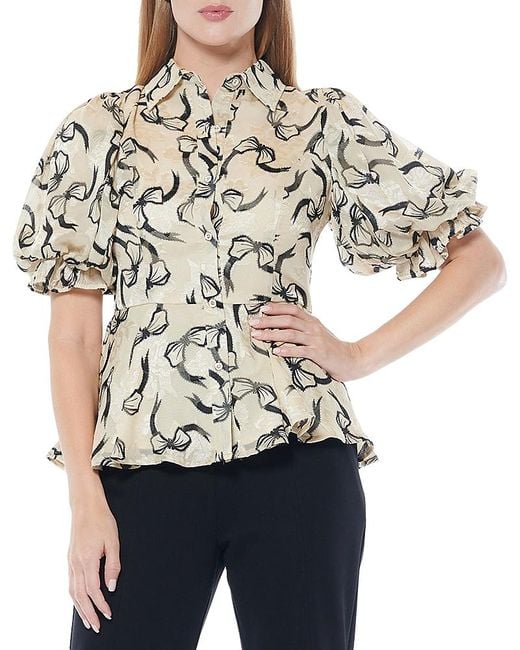 Gracia Natural Puffed Sleeve Collared Button Down Peplum Blouse