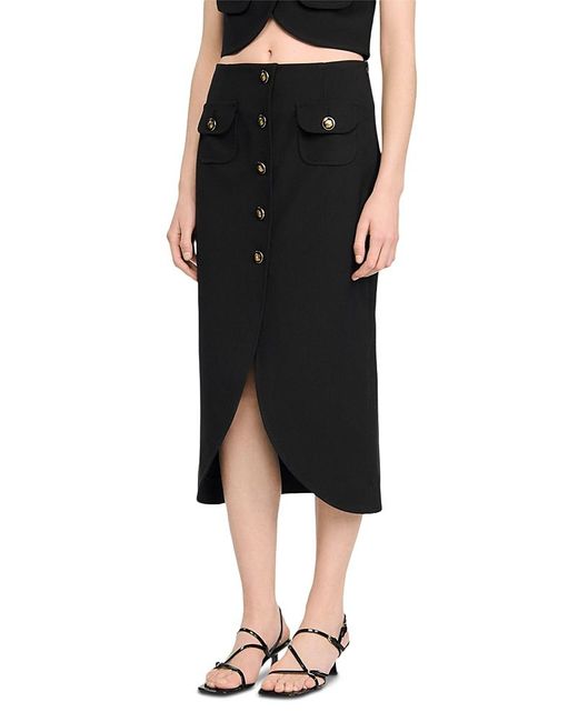 Sandro Black Buttoned Midi Skirt