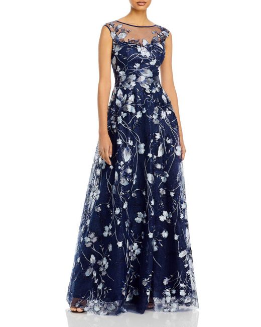 Teri Jon Embroidered Lace Dress in Navy 