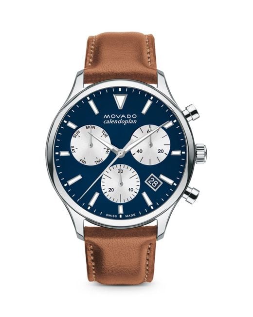 Movado Heritage Series 29mm Calendoplan Chronograph Black Dial Brown Leather Strap Watch For Men - 3650060