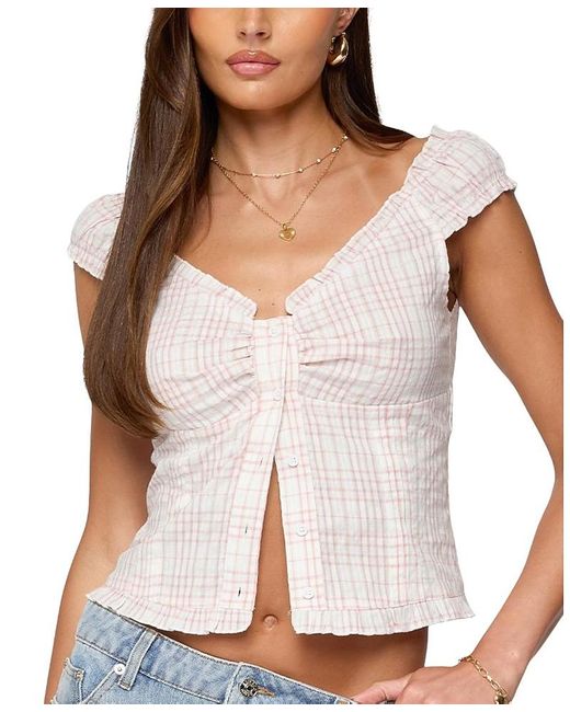 Edikted White Dolsy Plaid Button Up Top