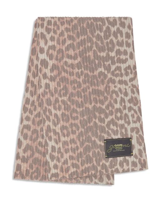 Ganni Natural Leopard-Print Ribbed Scarf