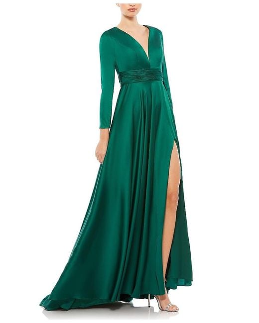 Mac Duggal Green Long Sleeve Ruched A-Line Gown