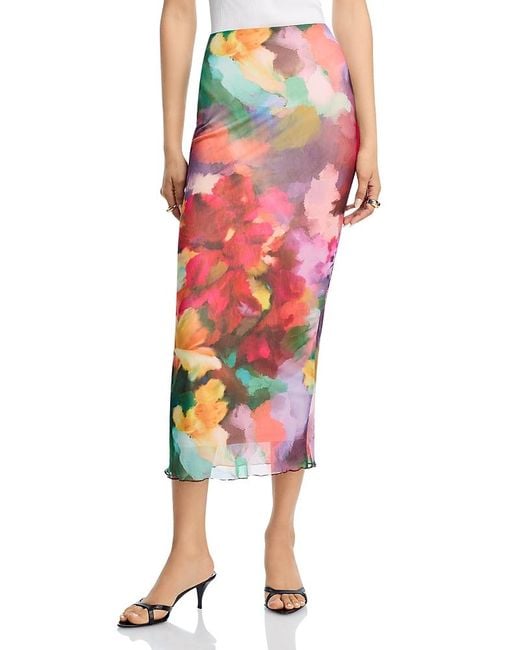 Aqua Red Floral Mesh Midi Skirt