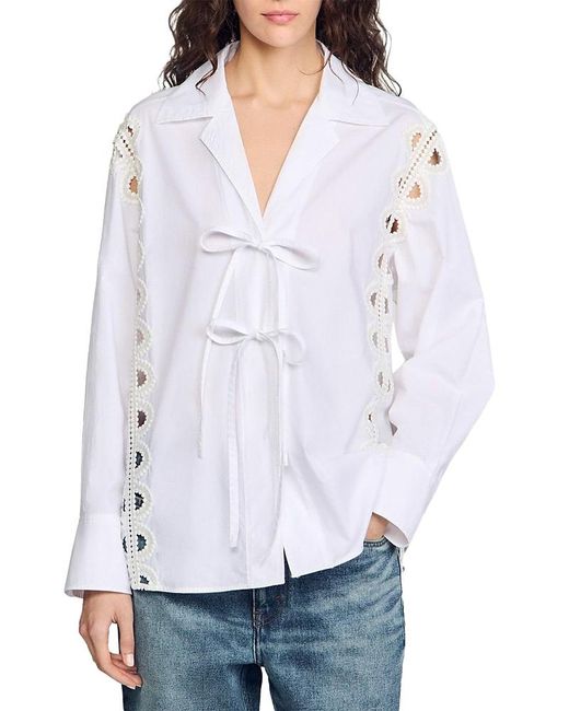 Sandro White Poplin Tie Front Shirt