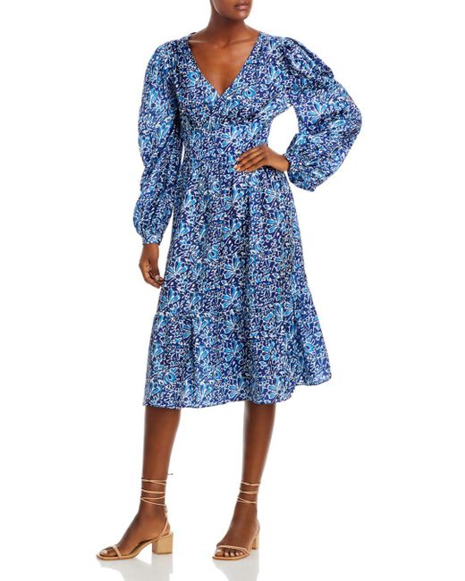 Aqua Floral Ruched Long - Sleeve Midi Dress in Blue | Lyst