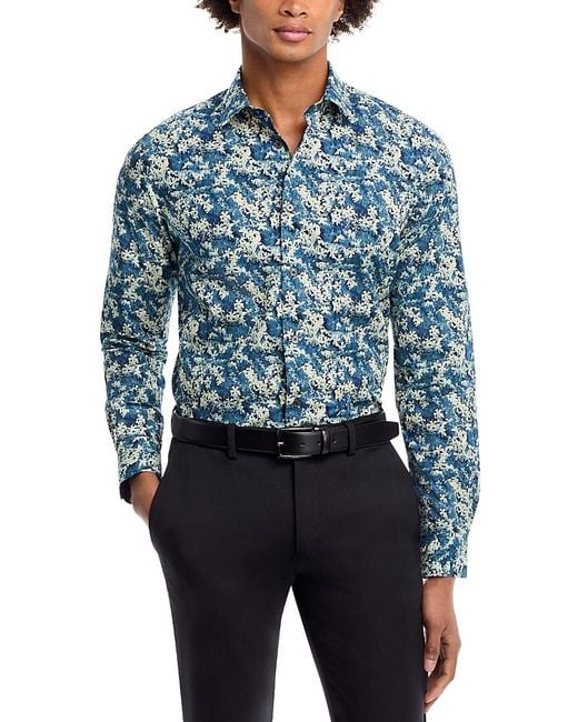 Paul Smith Men's Blue Tailored Fit Painted Floral Print Shirt