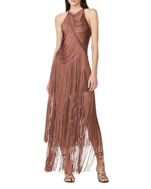 Hervé Léger Draped Fringe Asymmetrical Gown in Brown Lyst