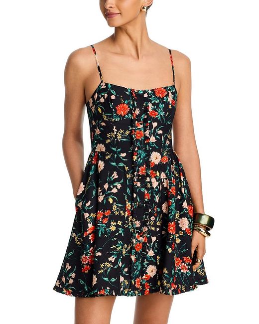 Aqua Floral Button Front Mini Dress in Black